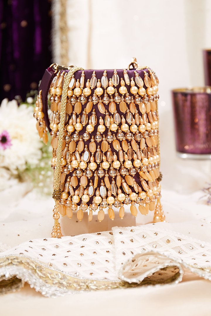 Purple Satin Crystal Hand Embroidered Potli Bag by House of Vian at Pernia's Pop Up Shop