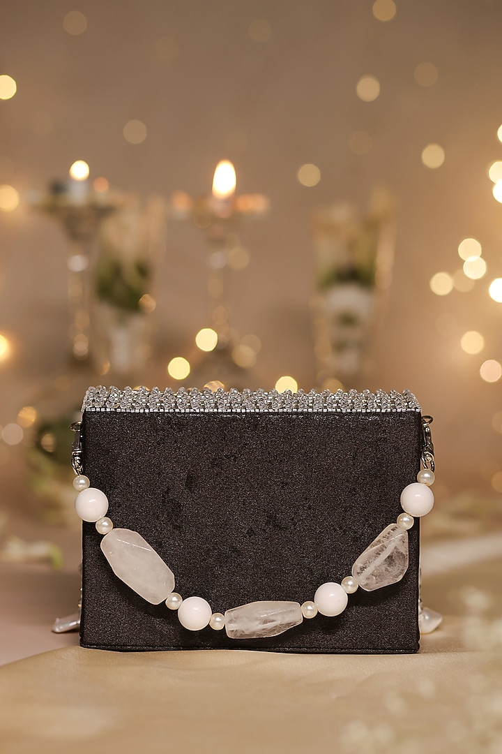 Black Satin & Organza Pearl Drop Embellished Clutch by House of Vian at Pernia's Pop Up Shop