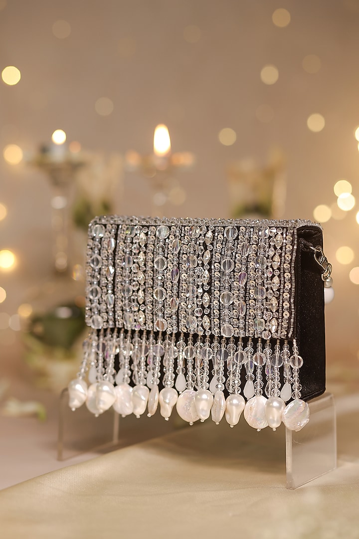 Black Satin & Organza Pearl Drop Embellished Clutch by House of Vian at Pernia's Pop Up Shop