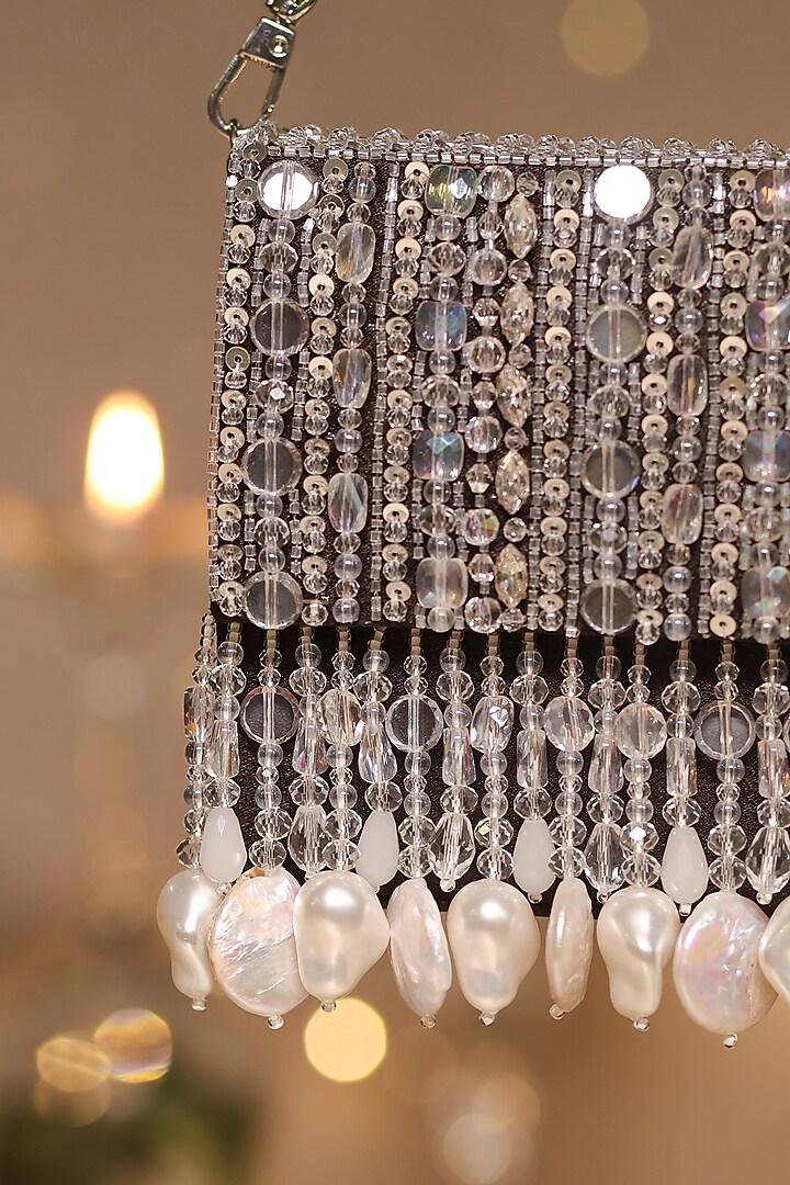 Black Satin & Organza Pearl Drop Embellished Clutch by House of Vian at Pernia's Pop Up Shop