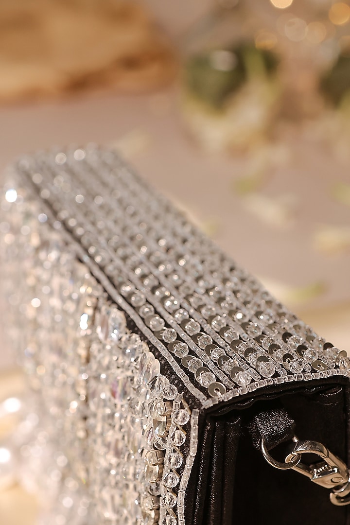 Black Satin & Organza Pearl Drop Embellished Clutch by House of Vian at Pernia's Pop Up Shop
