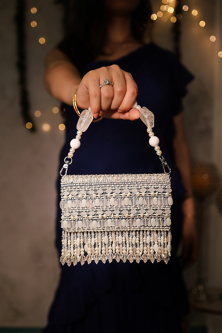 Blue Satin & Organza Pearl Drop Embellished Clutch by House of Vian at Pernia's Pop Up Shop