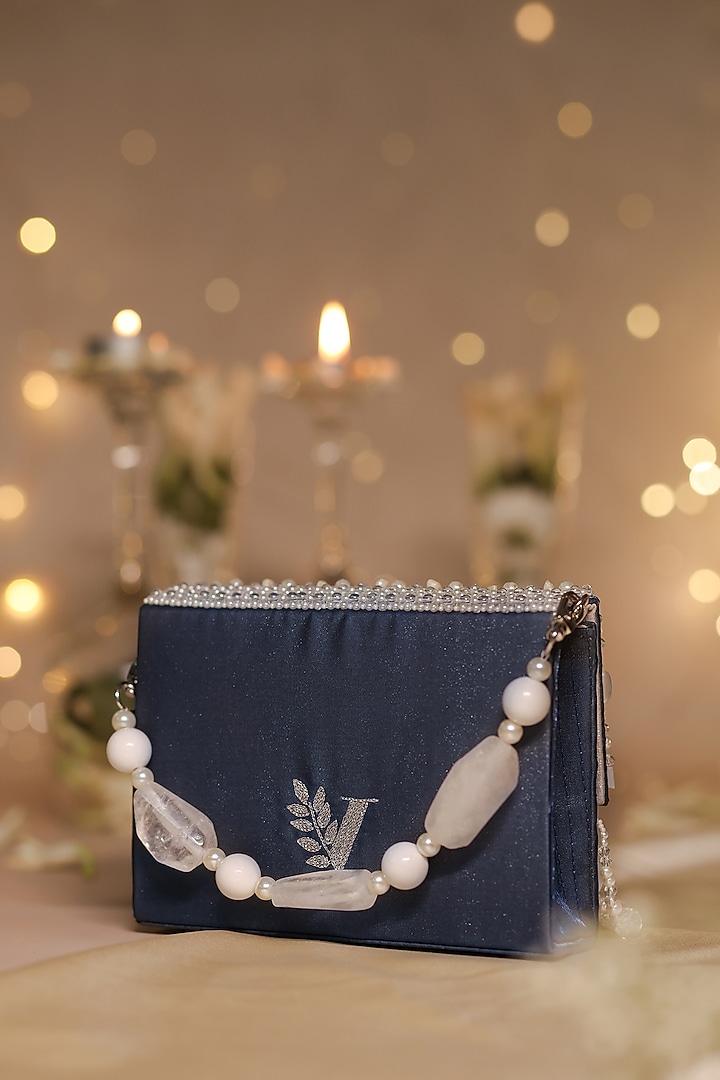 Blue Satin & Organza Pearl Drop Embellished Clutch by House of Vian at Pernia's Pop Up Shop