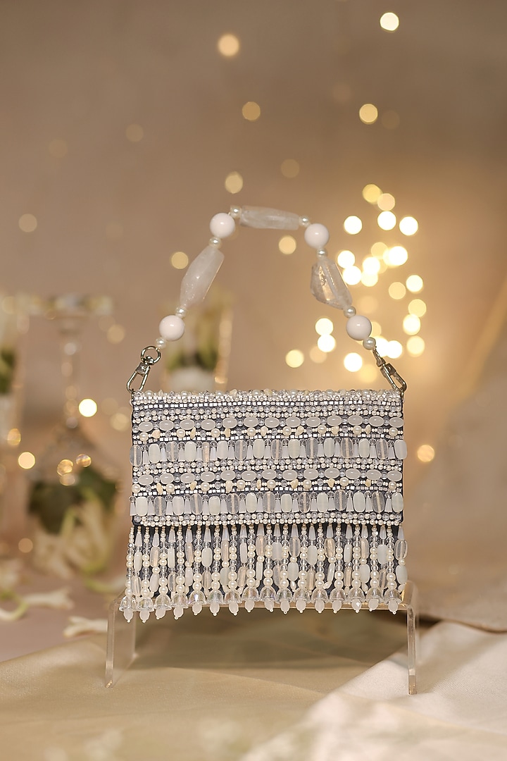 Blue Satin & Organza Pearl Drop Embellished Clutch by House of Vian at Pernia's Pop Up Shop