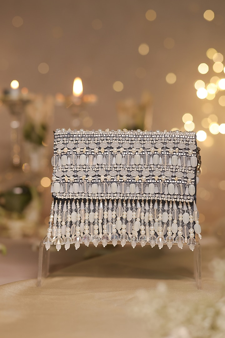 Blue Satin & Organza Pearl Drop Embellished Clutch by House of Vian at Pernia's Pop Up Shop
