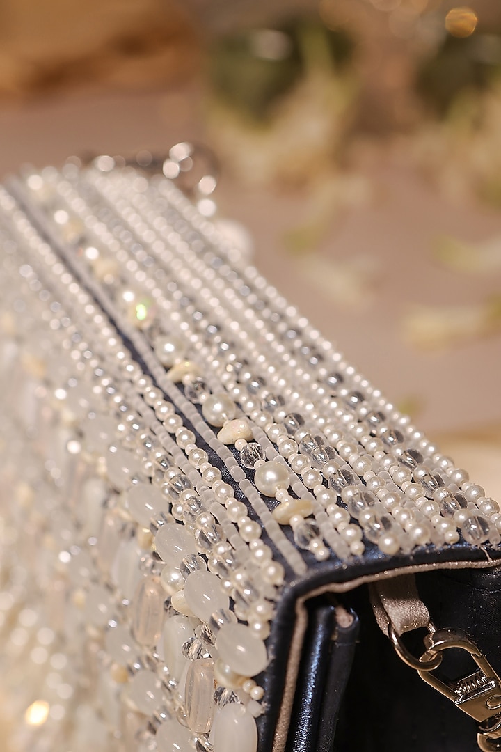 Blue Satin & Organza Pearl Drop Embellished Clutch by House of Vian at Pernia's Pop Up Shop