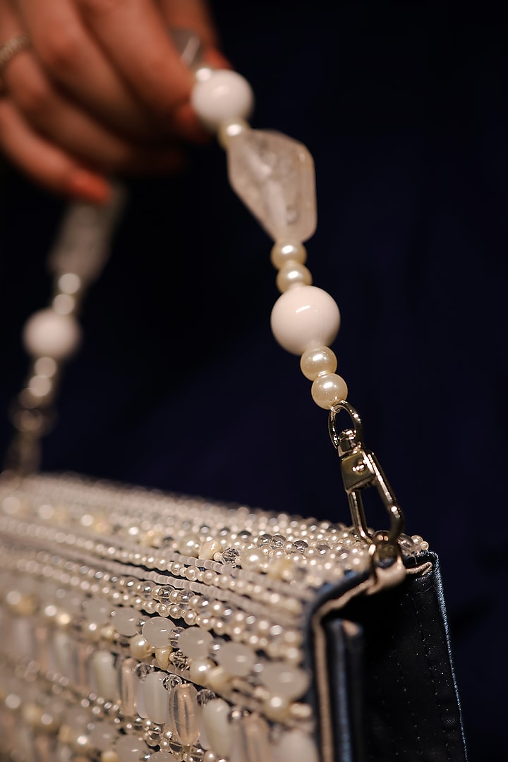 Blue Satin & Organza Pearl Drop Embellished Clutch by House of Vian at Pernia's Pop Up Shop