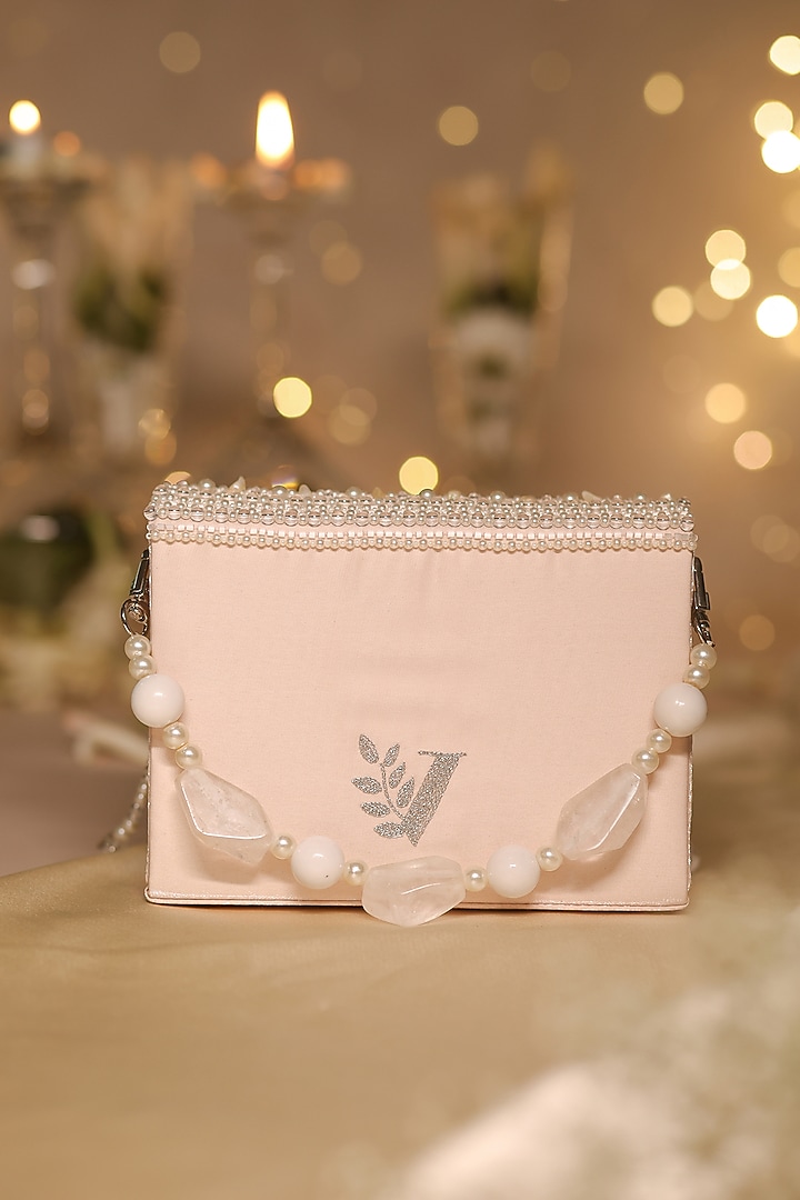 Pink Satin & Organza Pearl Drop Embellished Clutch by House of Vian at Pernia's Pop Up Shop