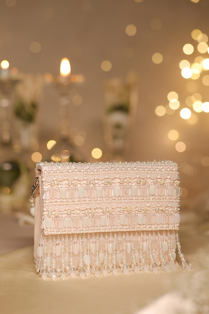 Pink Satin & Organza Pearl Drop Embellished Clutch by House of Vian at Pernia's Pop Up Shop