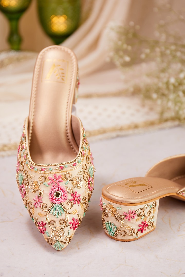 Cream Dupion Silk Thread Embroidered Mule Heels by House of Vian at Pernia's Pop Up Shop