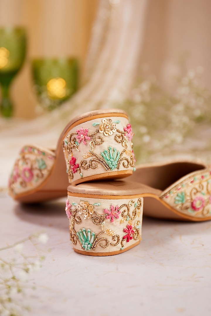 Cream Dupion Silk Thread Embroidered Mule Heels by House of Vian at Pernia's Pop Up Shop