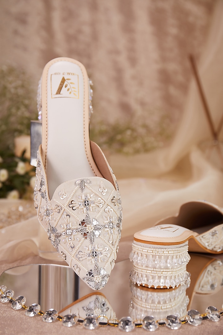 White Dupion Silk Embroidered Mule Heels by House of Vian at Pernia's Pop Up Shop