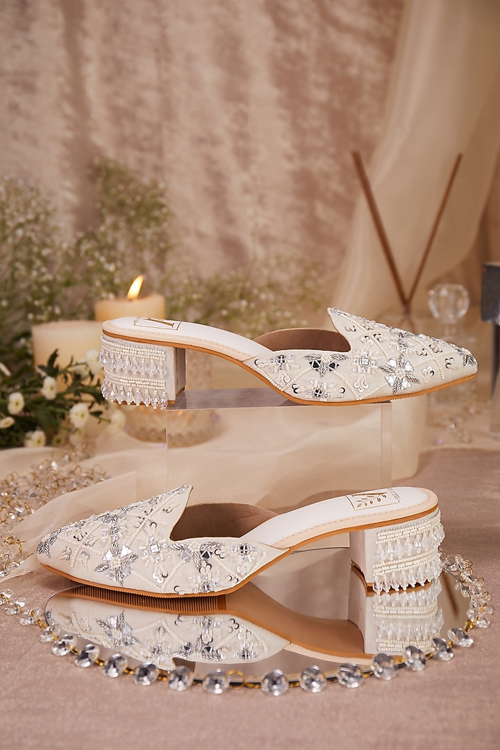 White Dupion Silk Embroidered Mule Heels by House of Vian at Pernia's Pop Up Shop