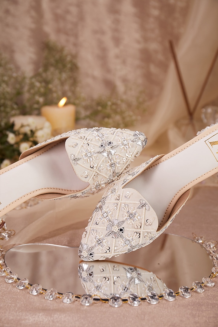 White Dupion Silk Embroidered Mule Heels by House of Vian at Pernia's Pop Up Shop