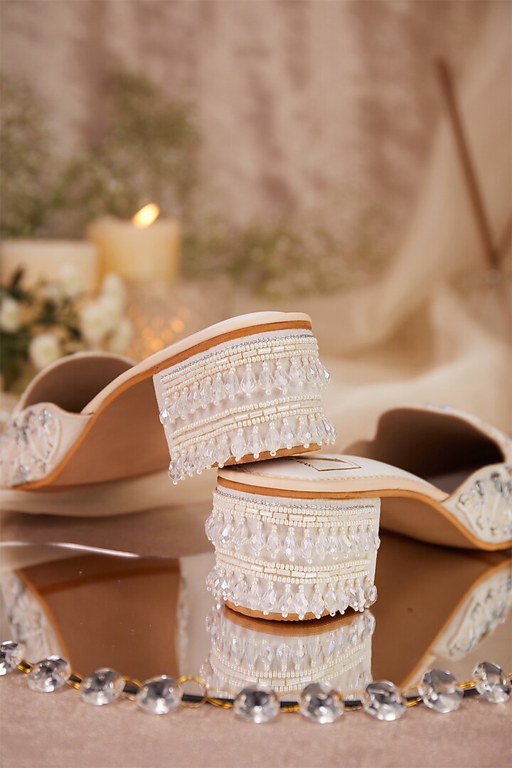 White Dupion Silk Embroidered Mule Heels by House of Vian at Pernia's Pop Up Shop