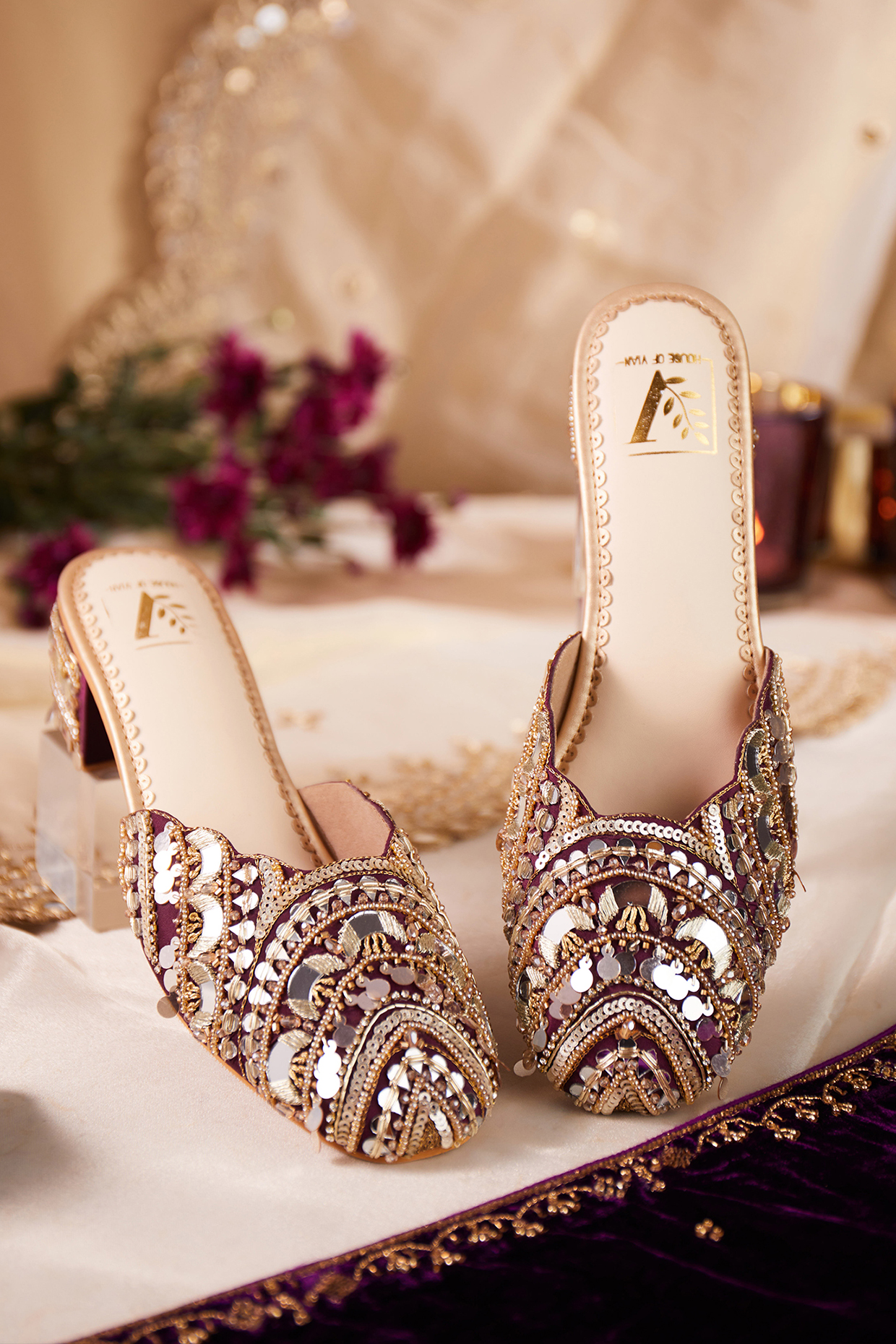 Wine Crepe Silk Mirror Work Mule Heels by House of Vian at Pernia's Pop Up Shop