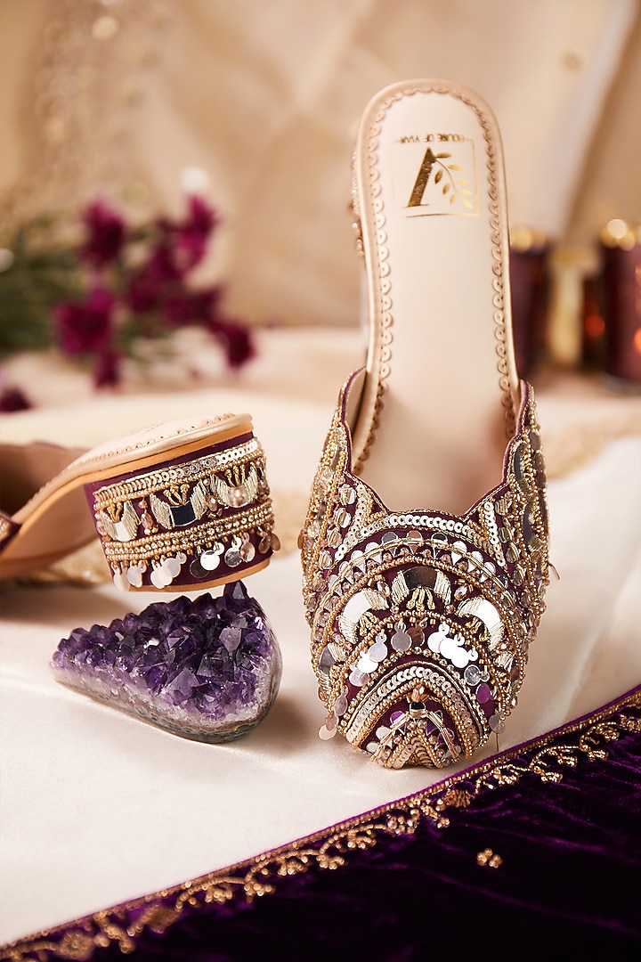 Wine Crepe Silk Mirror Work Mule Heels by House of Vian at Pernia's Pop Up Shop