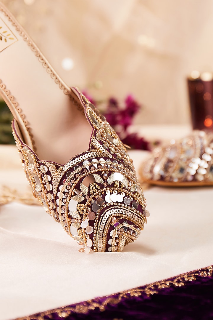 Wine Crepe Silk Mirror Work Mule Heels by House of Vian at Pernia's Pop Up Shop