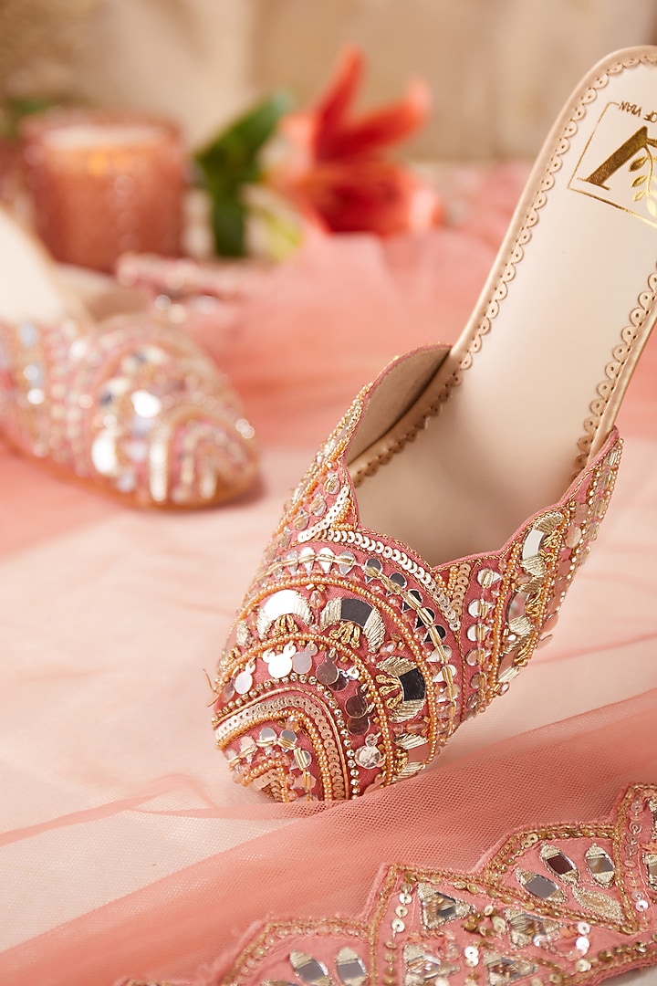 Pink Dupion Silk Mirror Work Mule Heels by House of Vian at Pernia's Pop Up Shop