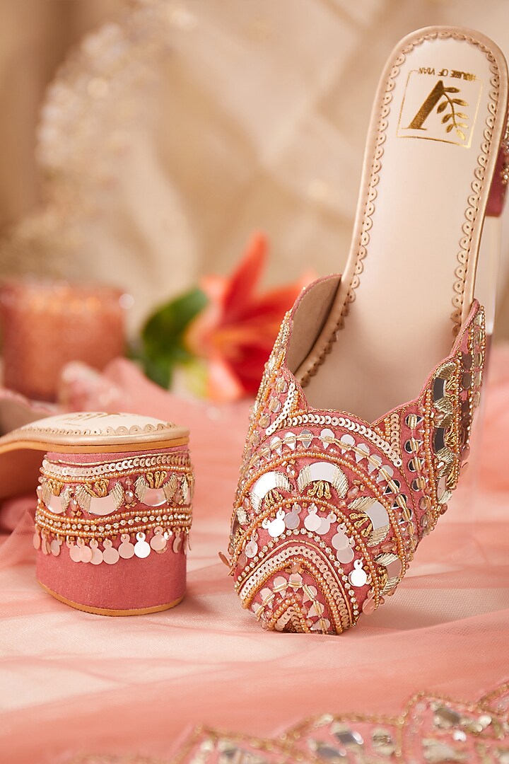 Pink Dupion Silk Mirror Work Mule Heels by House of Vian at Pernia's Pop Up Shop