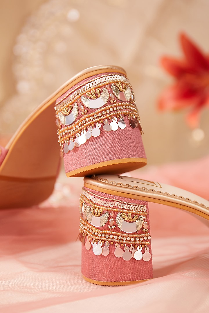 Pink Dupion Silk Mirror Work Mule Heels by House of Vian at Pernia's Pop Up Shop