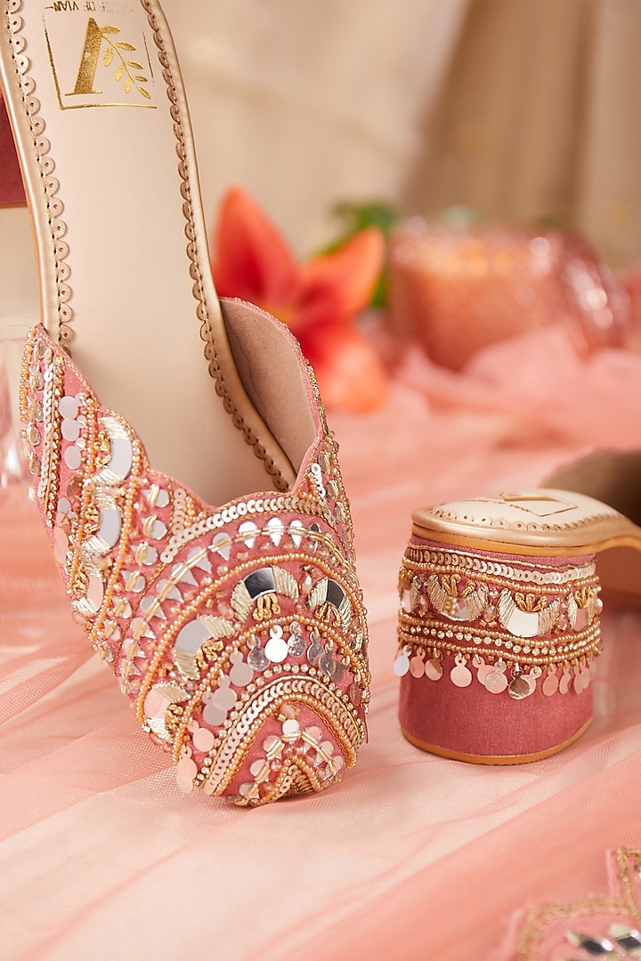 Pink Dupion Silk Mirror Work Mule Heels by House of Vian at Pernia's Pop Up Shop