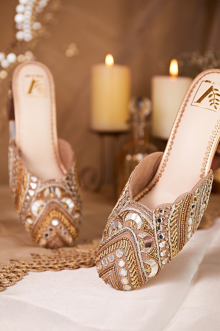 Gold Dupion Silk Mirror Work Mule Heels by House of Vian at Pernia's Pop Up Shop