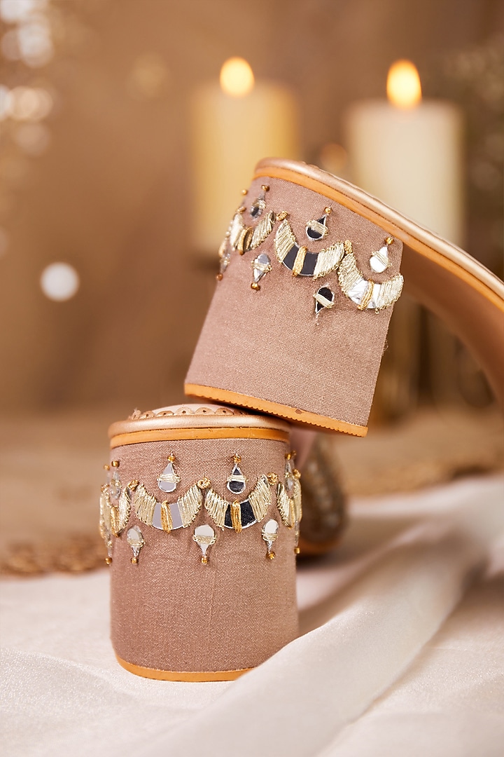 Gold Dupion Silk Mirror Work Mule Heels by House of Vian at Pernia's Pop Up Shop