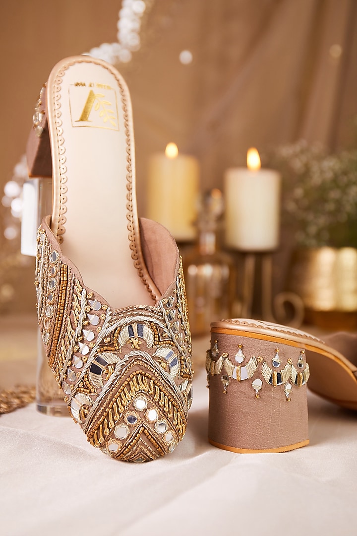 Gold Dupion Silk Mirror Work Mule Heels by House of Vian at Pernia's Pop Up Shop