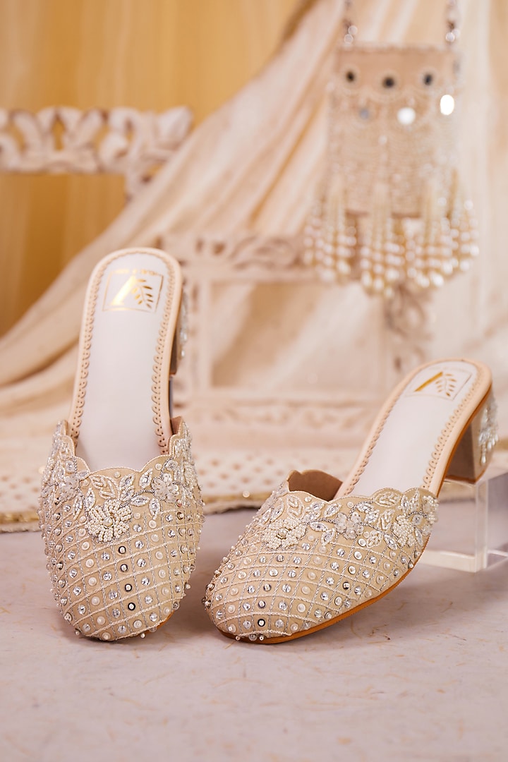 Cream Dupion Silk Floral Embroidered Mule Heels by House of Vian at Pernia's Pop Up Shop