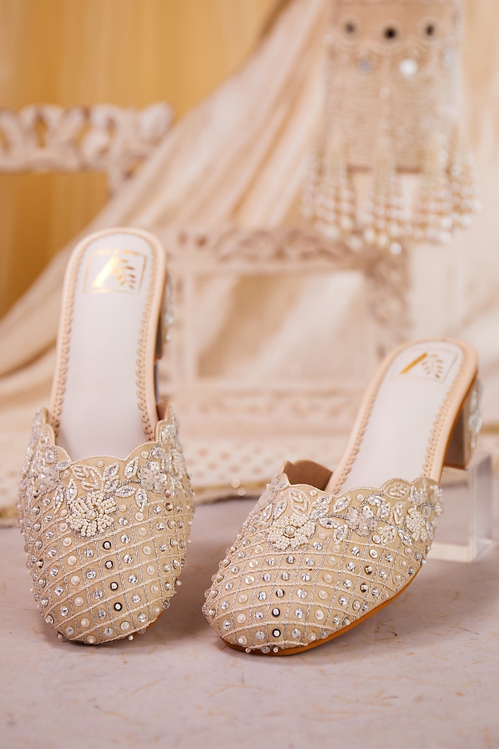 Cream Dupion Silk Floral Embroidered Mule Heels by House of Vian at Pernia's Pop Up Shop