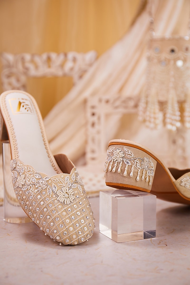 Cream Dupion Silk Floral Embroidered Mule Heels by House of Vian at Pernia's Pop Up Shop