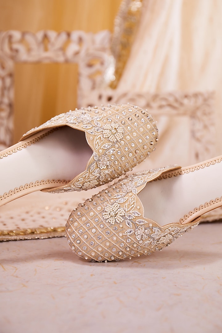 Cream Dupion Silk Floral Embroidered Mule Heels by House of Vian at Pernia's Pop Up Shop