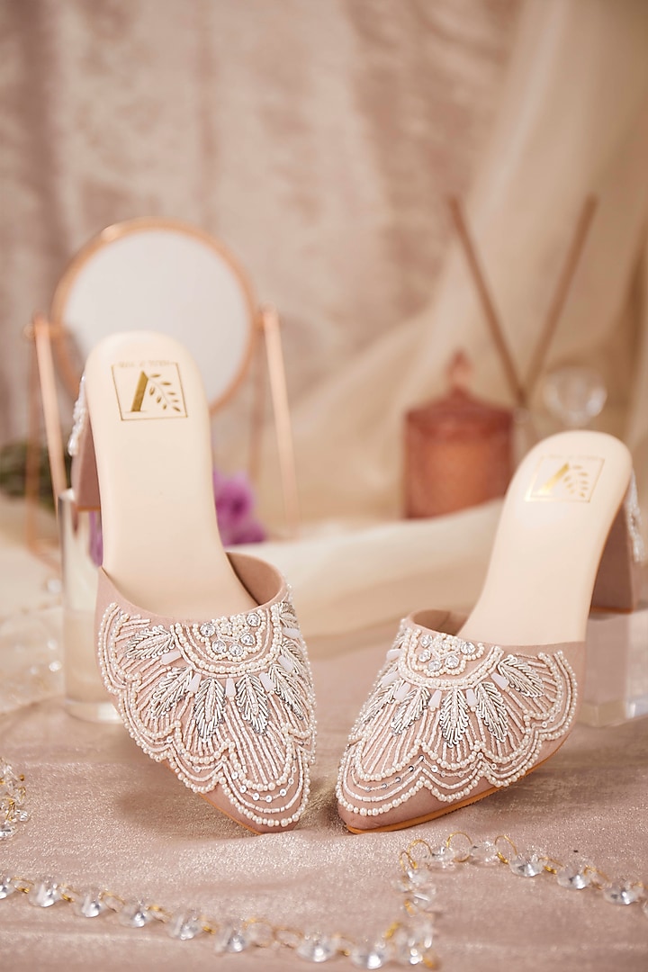 Light Pink Crepe Pearl Embroidered Mule Heels by House of Vian at Pernia's Pop Up Shop