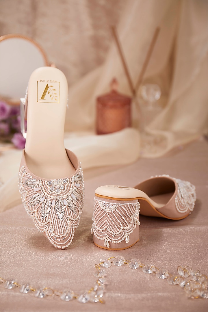 Light Pink Crepe Pearl Embroidered Mule Heels by House of Vian at Pernia's Pop Up Shop