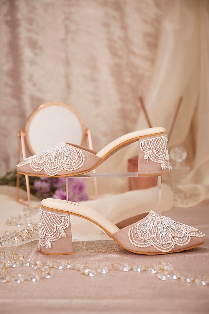 Light Pink Crepe Pearl Embroidered Mule Heels by House of Vian at Pernia's Pop Up Shop