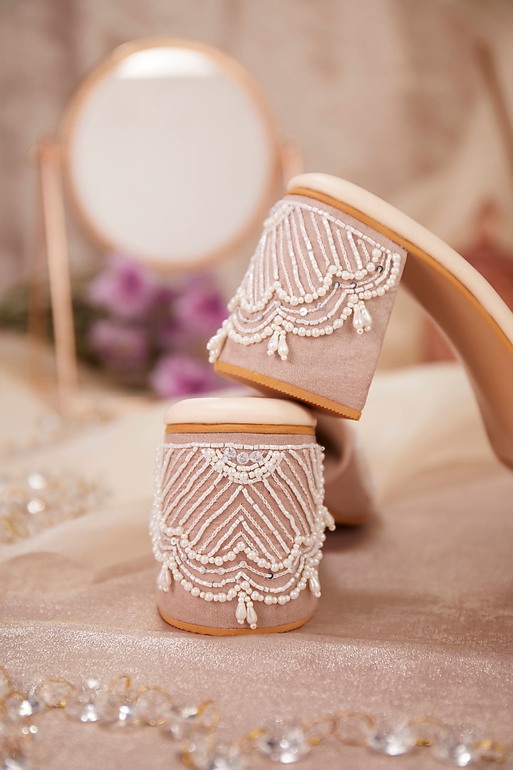 Light Pink Crepe Pearl Embroidered Mule Heels by House of Vian at Pernia's Pop Up Shop