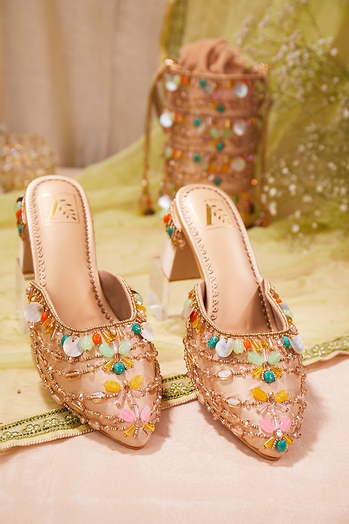 Beige Satin Stone Embroidered Mule Heels by House of Vian at Pernia's Pop Up Shop