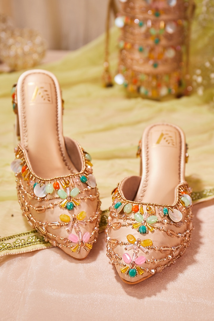 Beige Satin Stone Embroidered Mule Heels by House of Vian at Pernia's Pop Up Shop