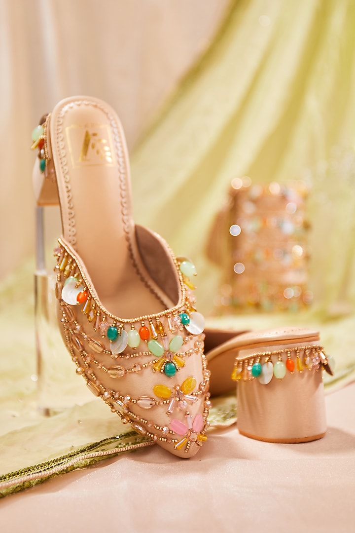 Beige Satin Stone Embroidered Mule Heels by House of Vian at Pernia's Pop Up Shop