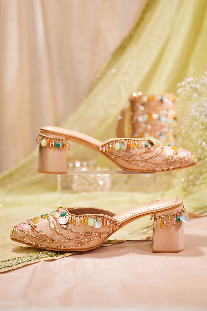 Beige Satin Stone Embroidered Mule Heels by House of Vian at Pernia's Pop Up Shop