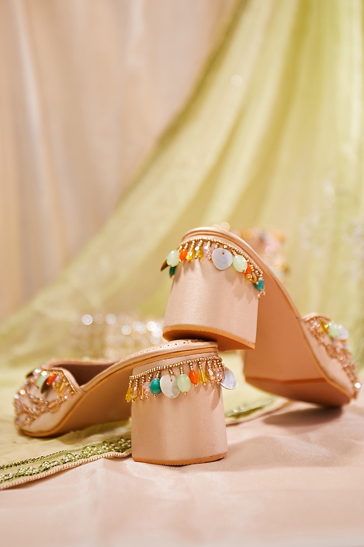 Beige Satin Stone Embroidered Mule Heels by House of Vian at Pernia's Pop Up Shop
