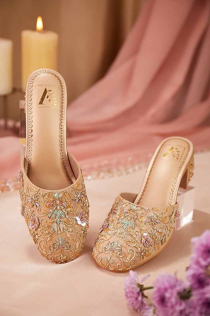 Beige Dupion Silk Cutdana Embroidered Mule Heels by House of Vian at Pernia's Pop Up Shop