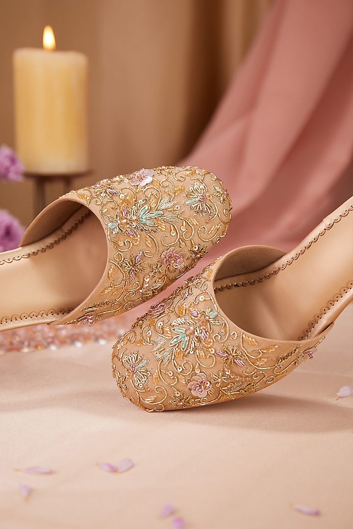 Beige Dupion Silk Cutdana Embroidered Mule Heels by House of Vian at Pernia's Pop Up Shop