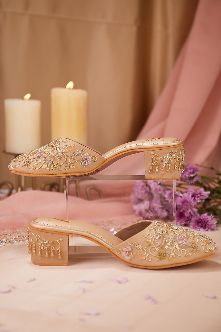 Beige Dupion Silk Cutdana Embroidered Mule Heels by House of Vian at Pernia's Pop Up Shop