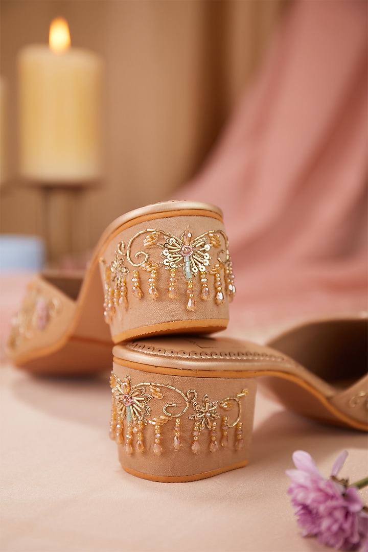 Beige Dupion Silk Cutdana Embroidered Mule Heels by House of Vian at Pernia's Pop Up Shop
