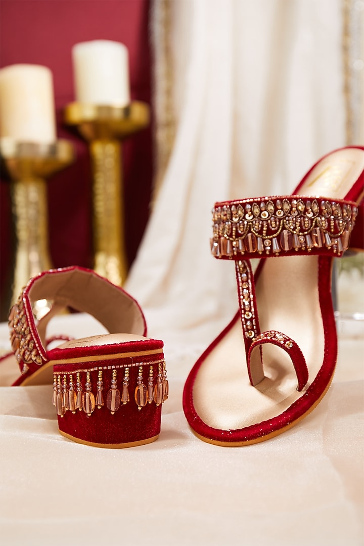 Red Velvet Cutdana Work Block Heels by House of Vian at Pernia's Pop Up Shop
