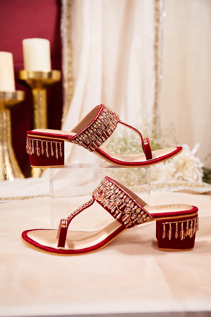 Red Velvet Cutdana Work Block Heels by House of Vian at Pernia's Pop Up Shop