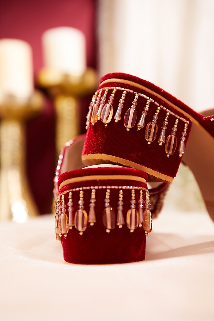 Red Velvet Cutdana Work Block Heels by House of Vian at Pernia's Pop Up Shop