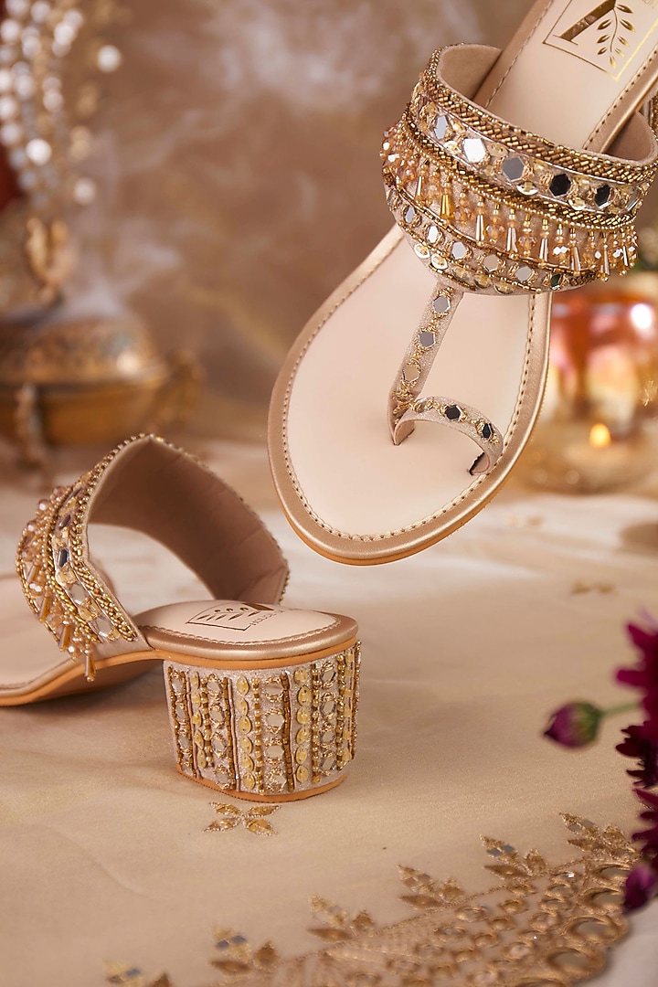 Gold Silk Dupion Crystal Tassel & Mirror Work Block Heels by House of Vian at Pernia's Pop Up Shop